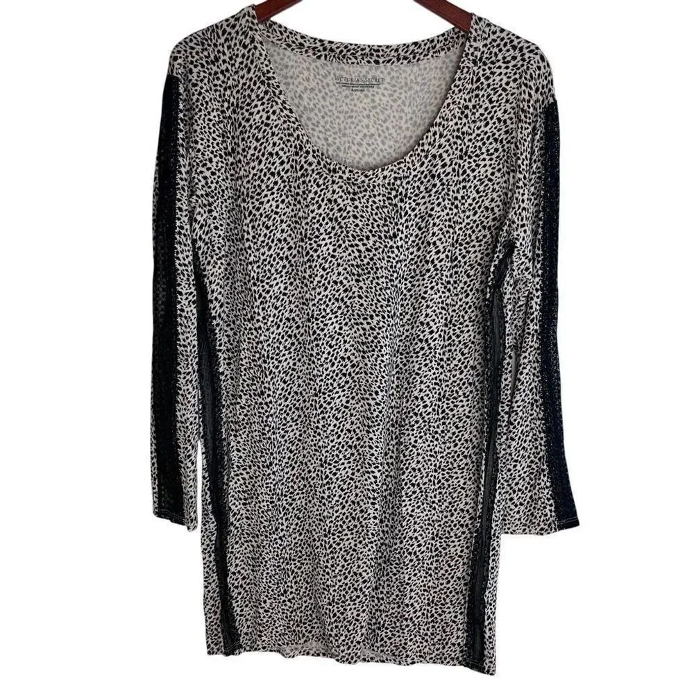 Victoria's Secret Womens Leopard Long Sleeve Sleep Shirt Beige Black Size Medium